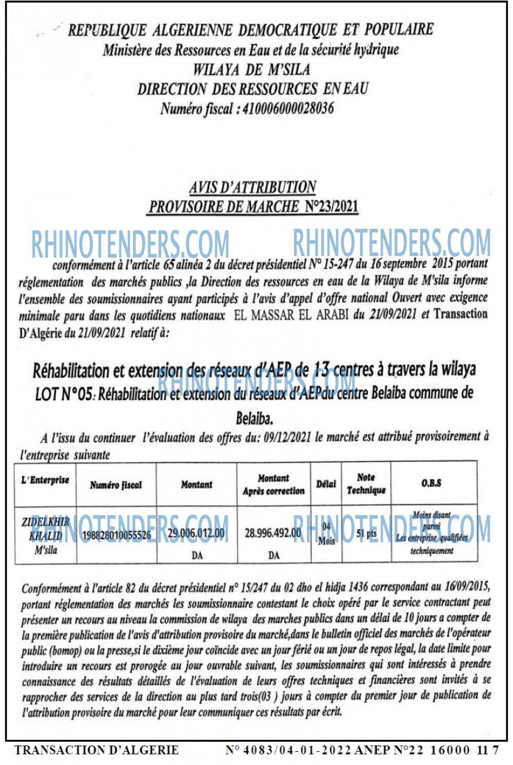 TRANSACTION D'ALGERIE