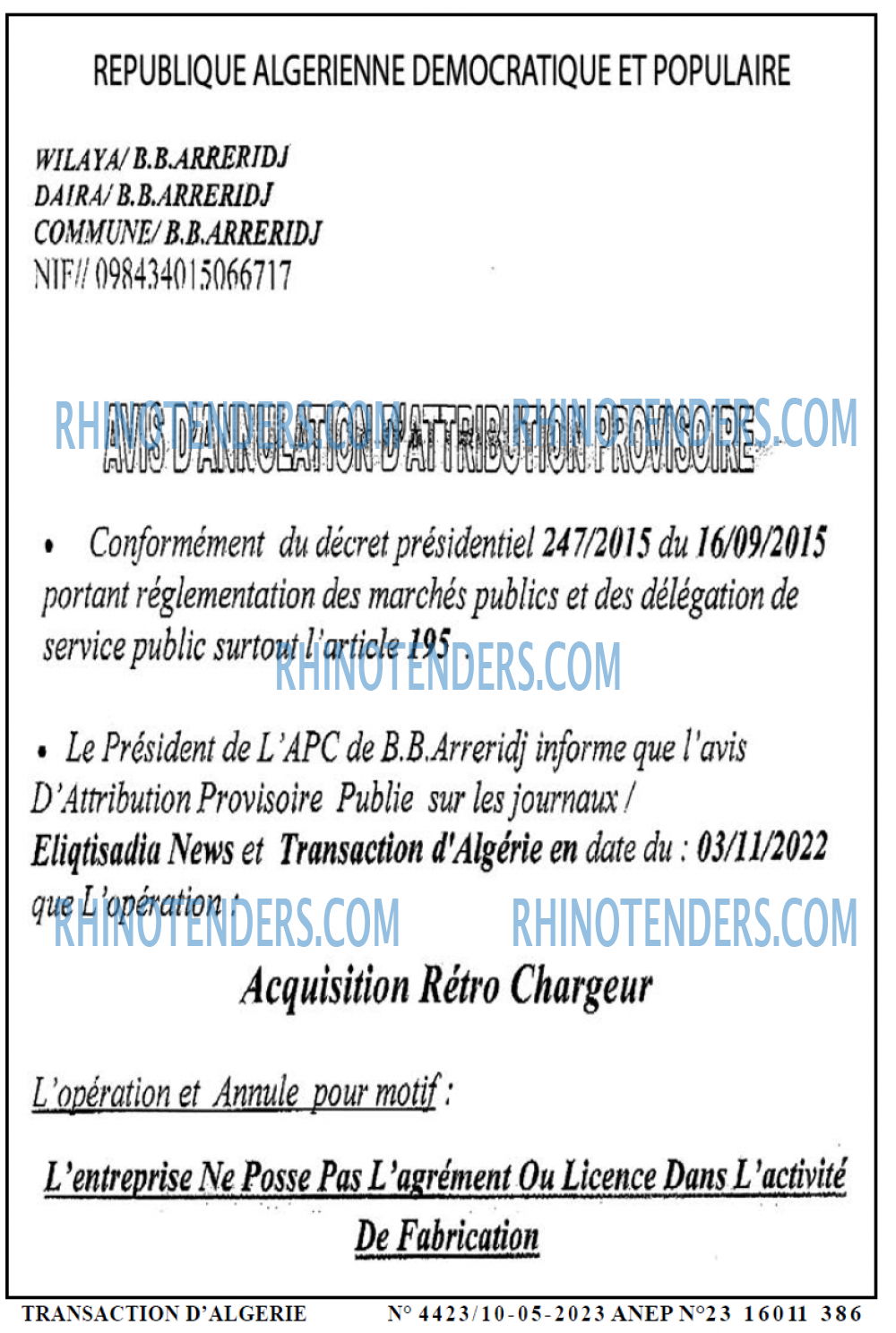 TRANSACTION D'ALGERIE