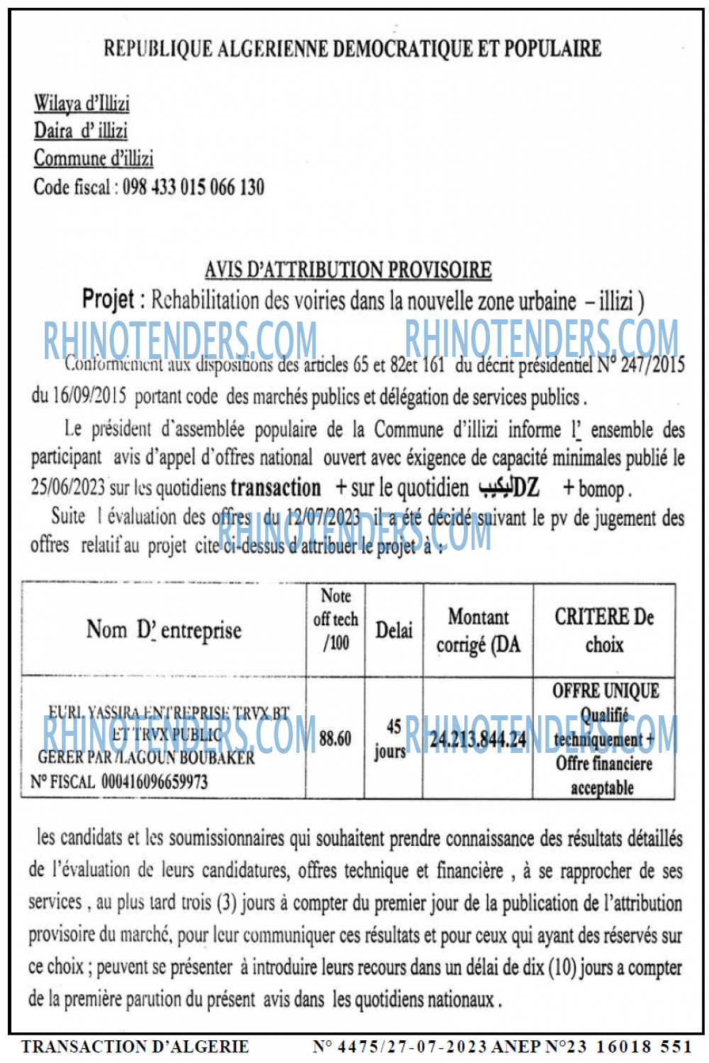 TRANSACTION D'ALGERIE