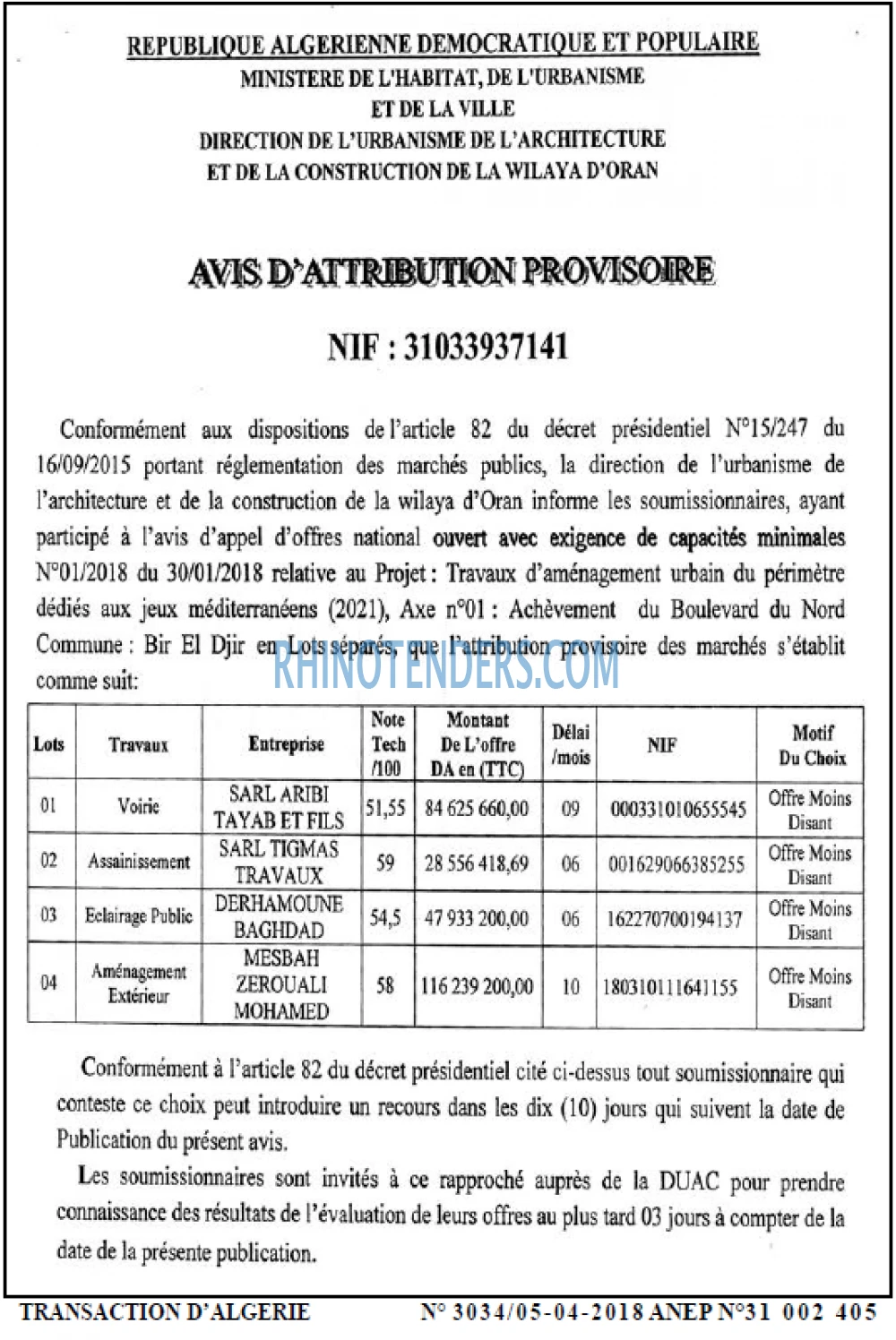 TRANSACTION D'ALGERIE