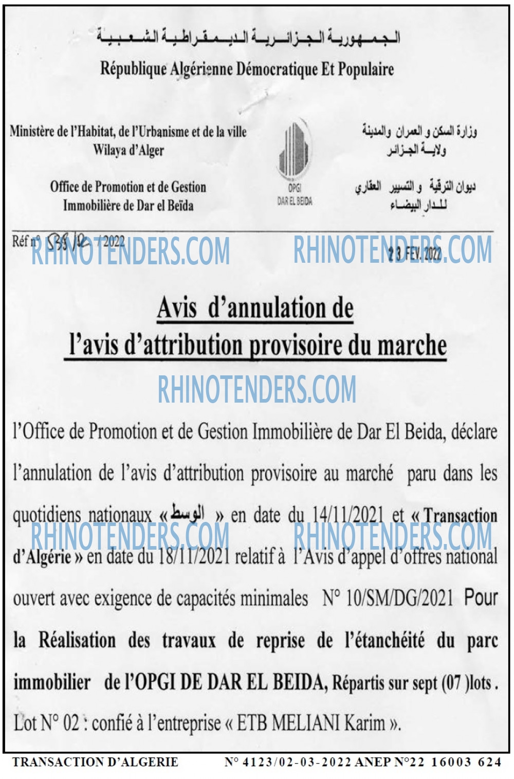 TRANSACTION D'ALGERIE