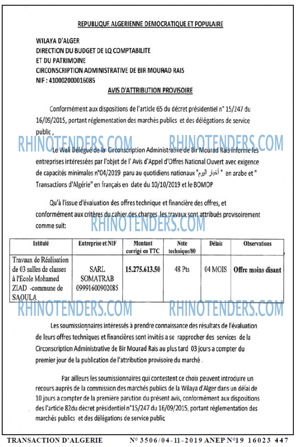 TRANSACTION D'ALGERIE