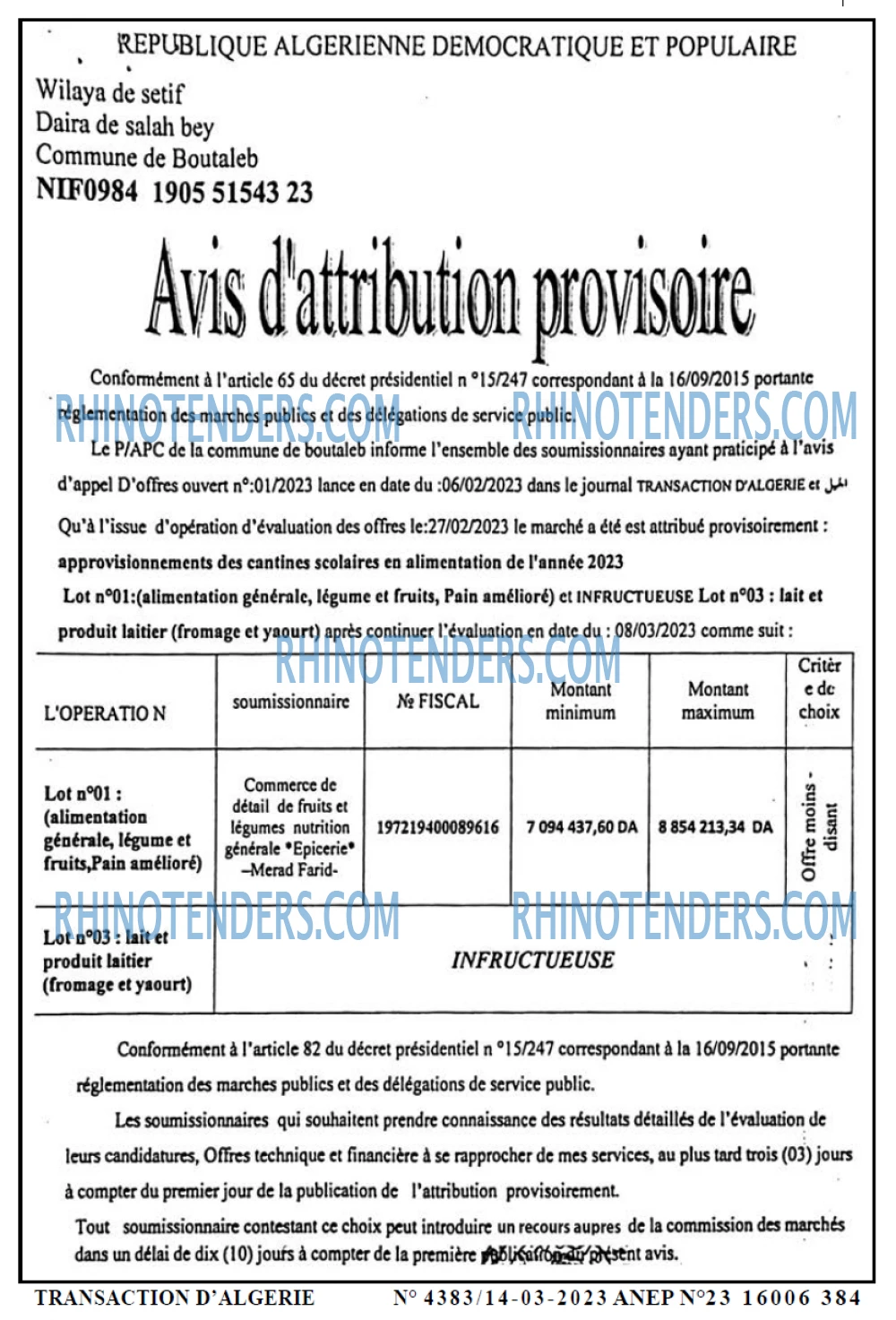 TRANSACTION D'ALGERIE