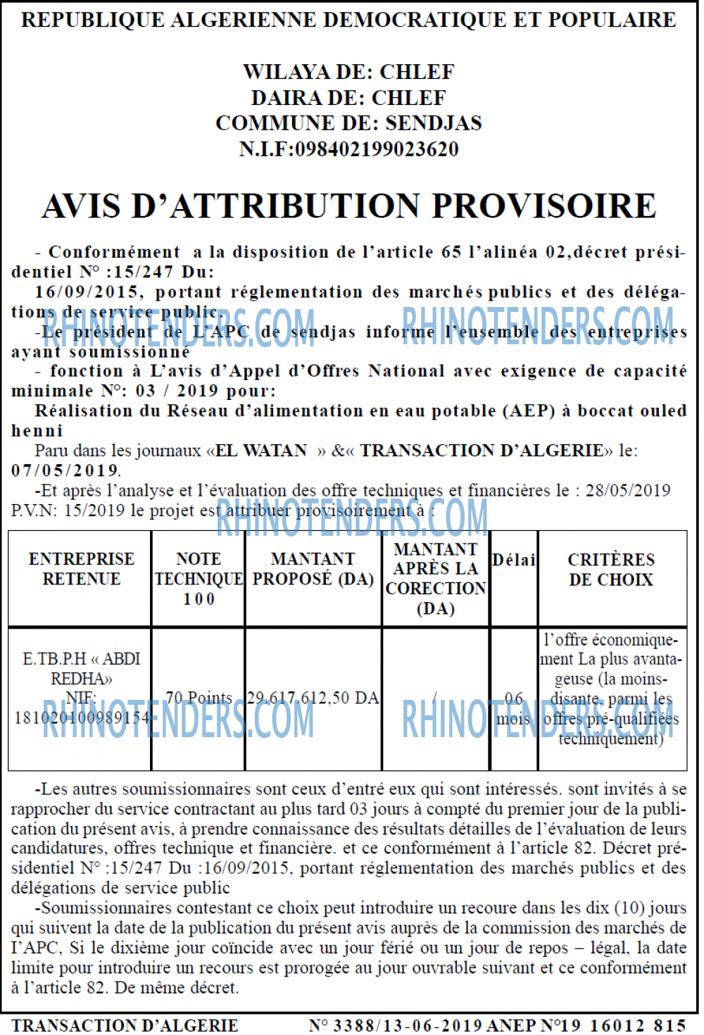 TRANSACTION D'ALGERIE