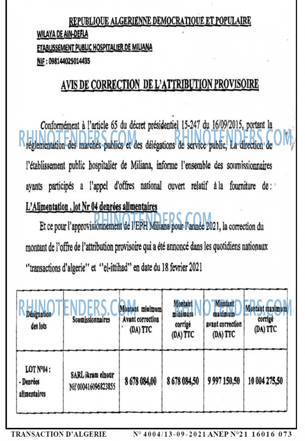 TRANSACTION D'ALGERIE