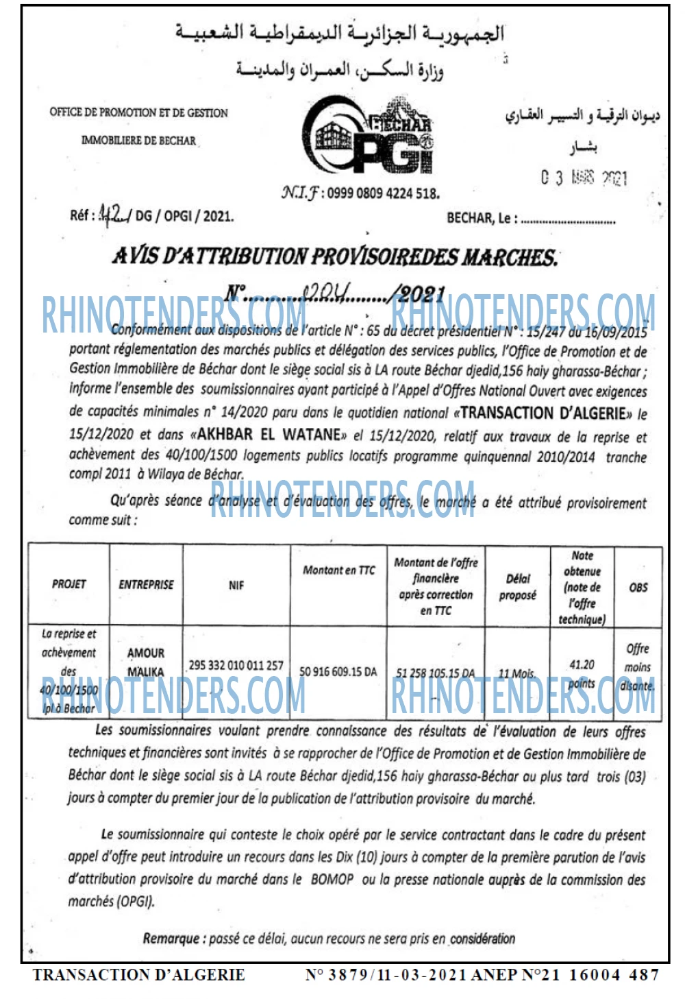 TRANSACTION D'ALGERIE