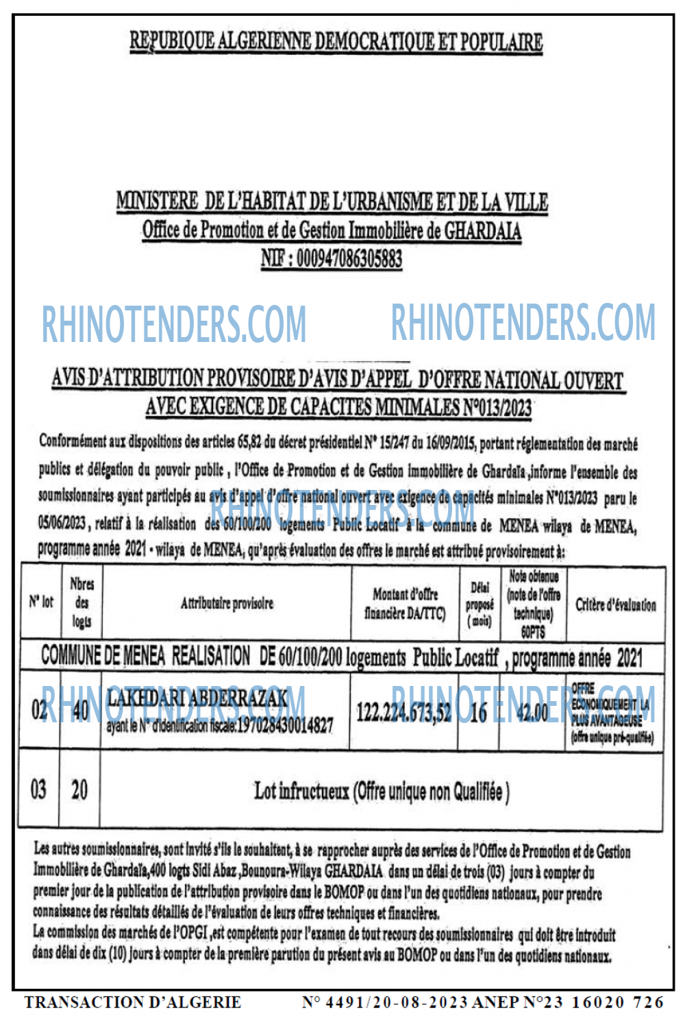 TRANSACTION D'ALGERIE