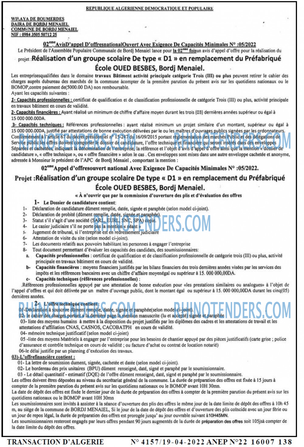 TRANSACTION D'ALGERIE