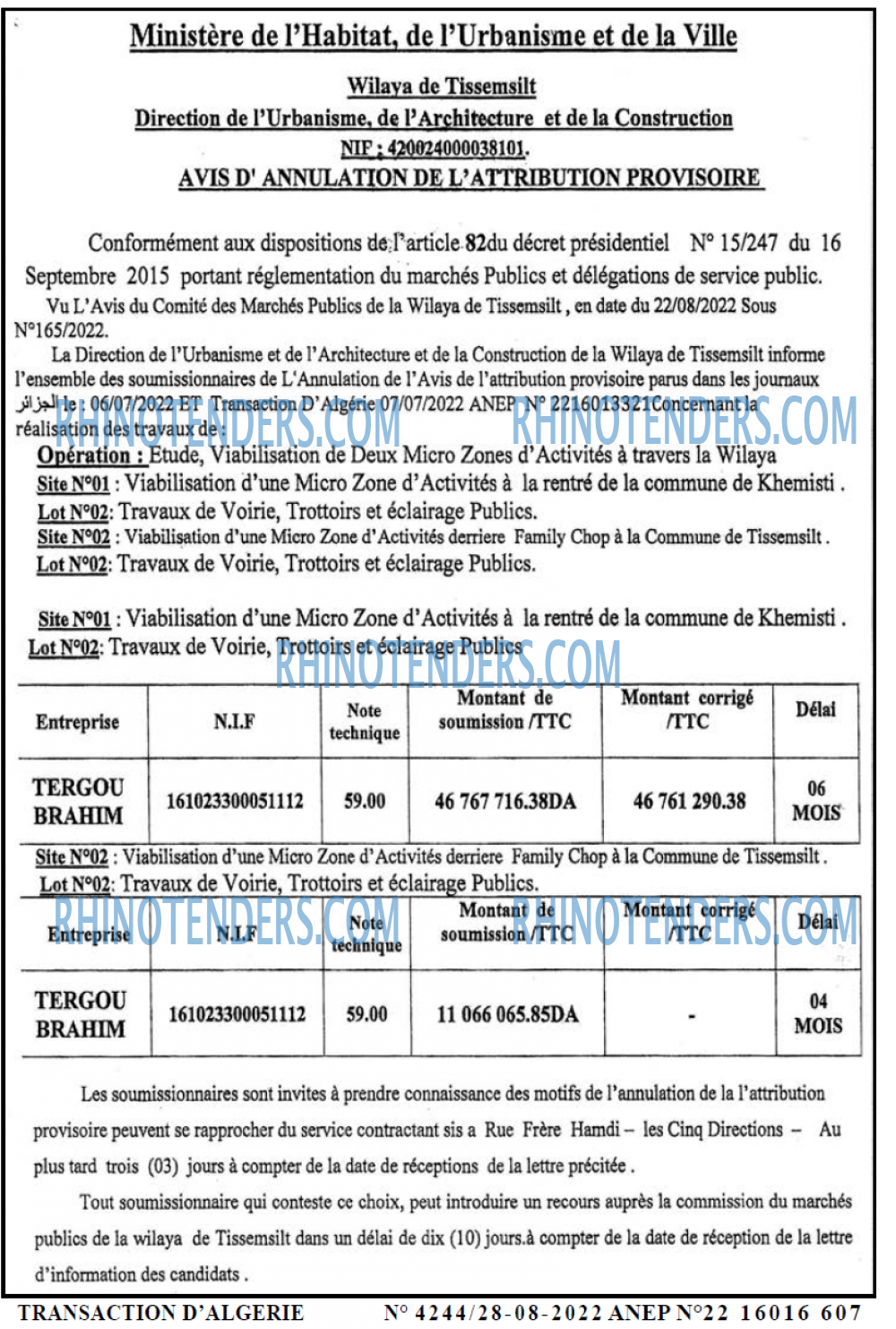 TRANSACTION D'ALGERIE