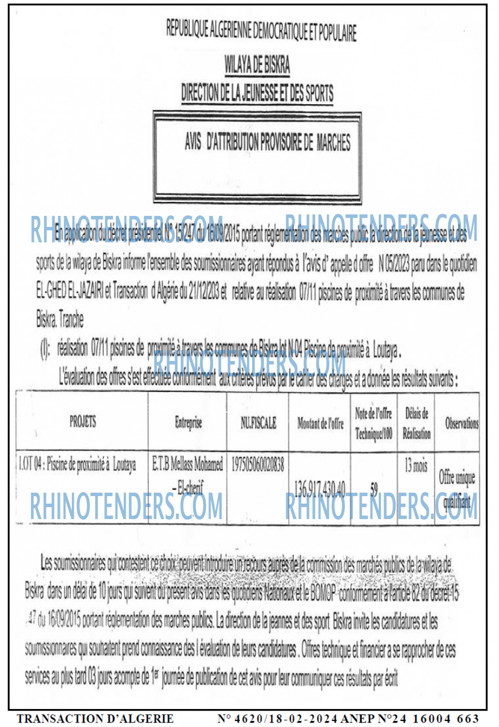 TRANSACTION D'ALGERIE