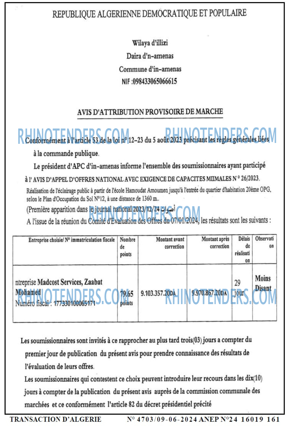 TRANSACTION D'ALGERIE