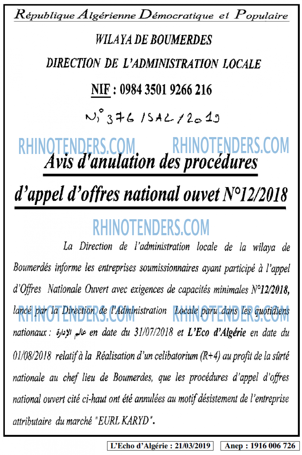 L'ECHO D'ALGERIE