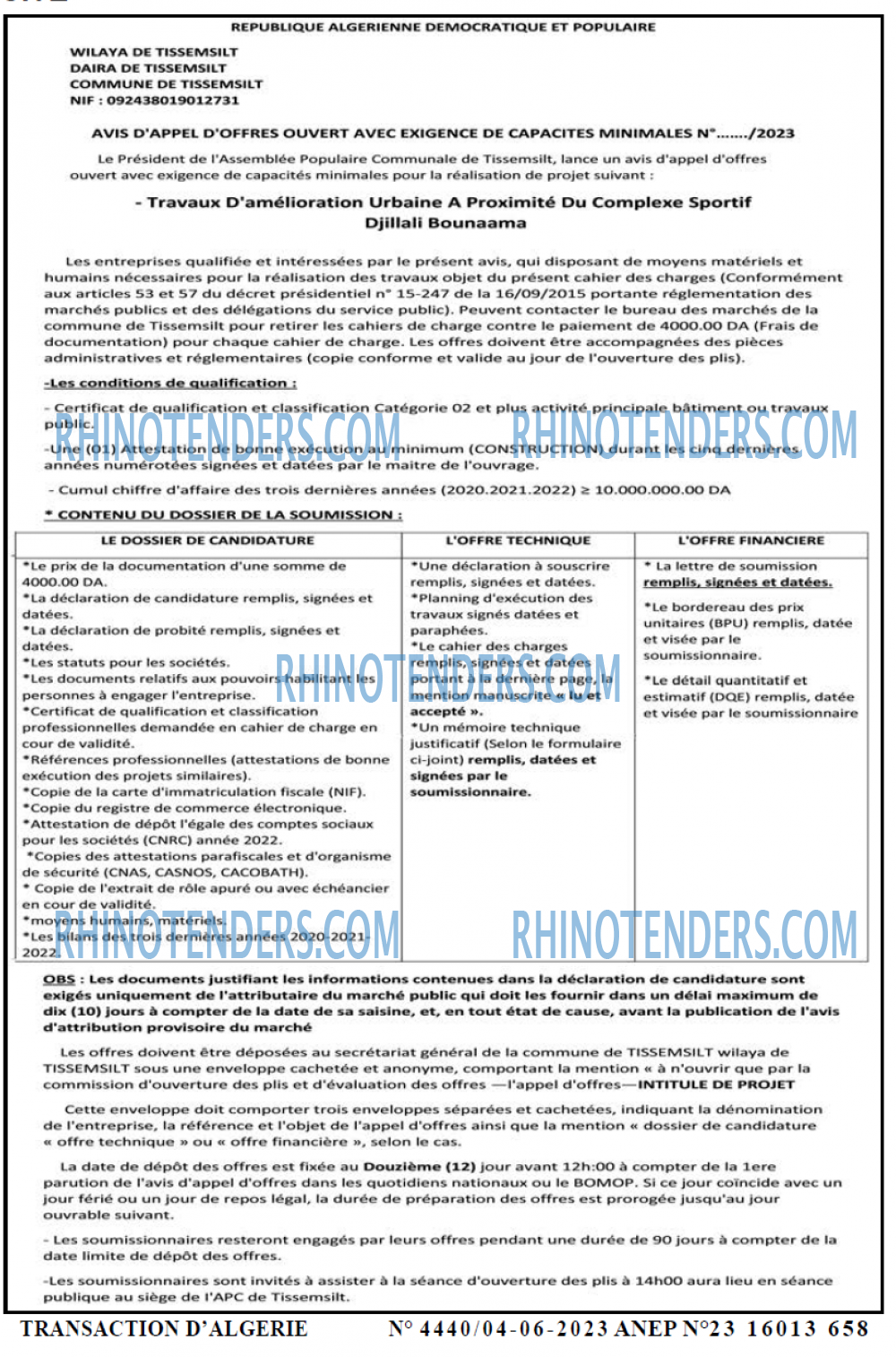 TRANSACTION D'ALGERIE