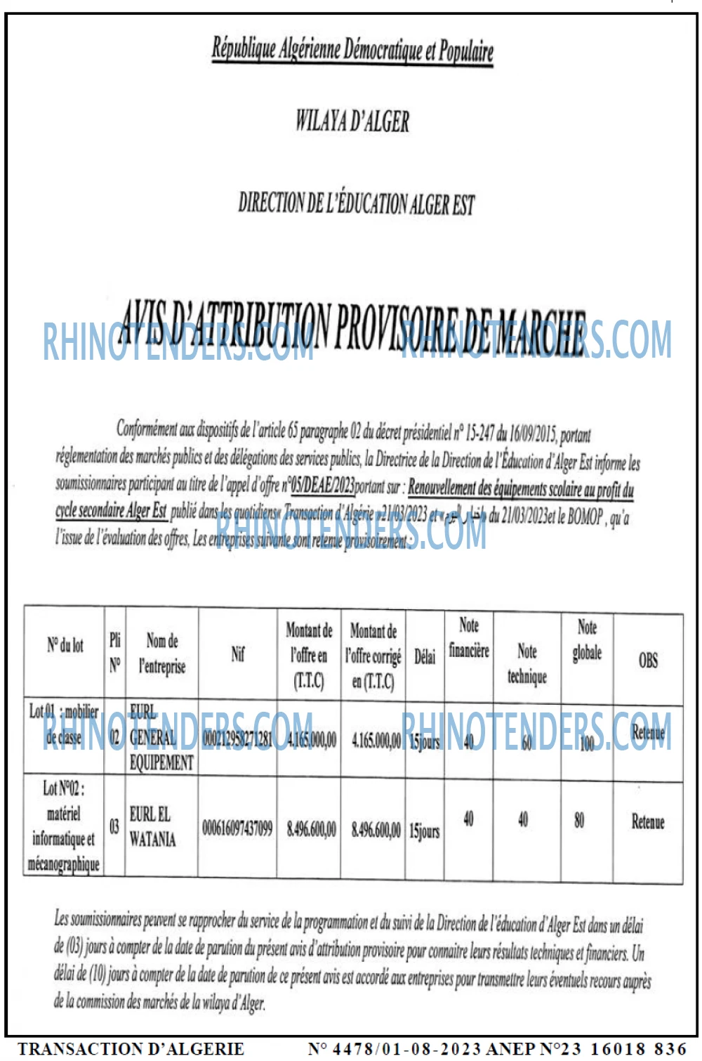 TRANSACTION D'ALGERIE