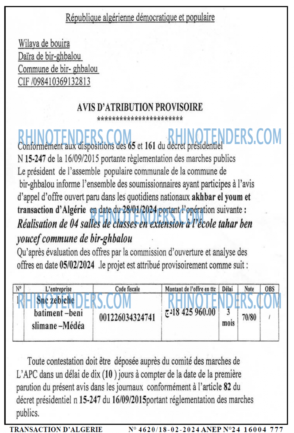 TRANSACTION D'ALGERIE