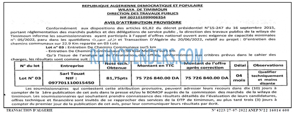 TRANSACTION D'ALGERIE