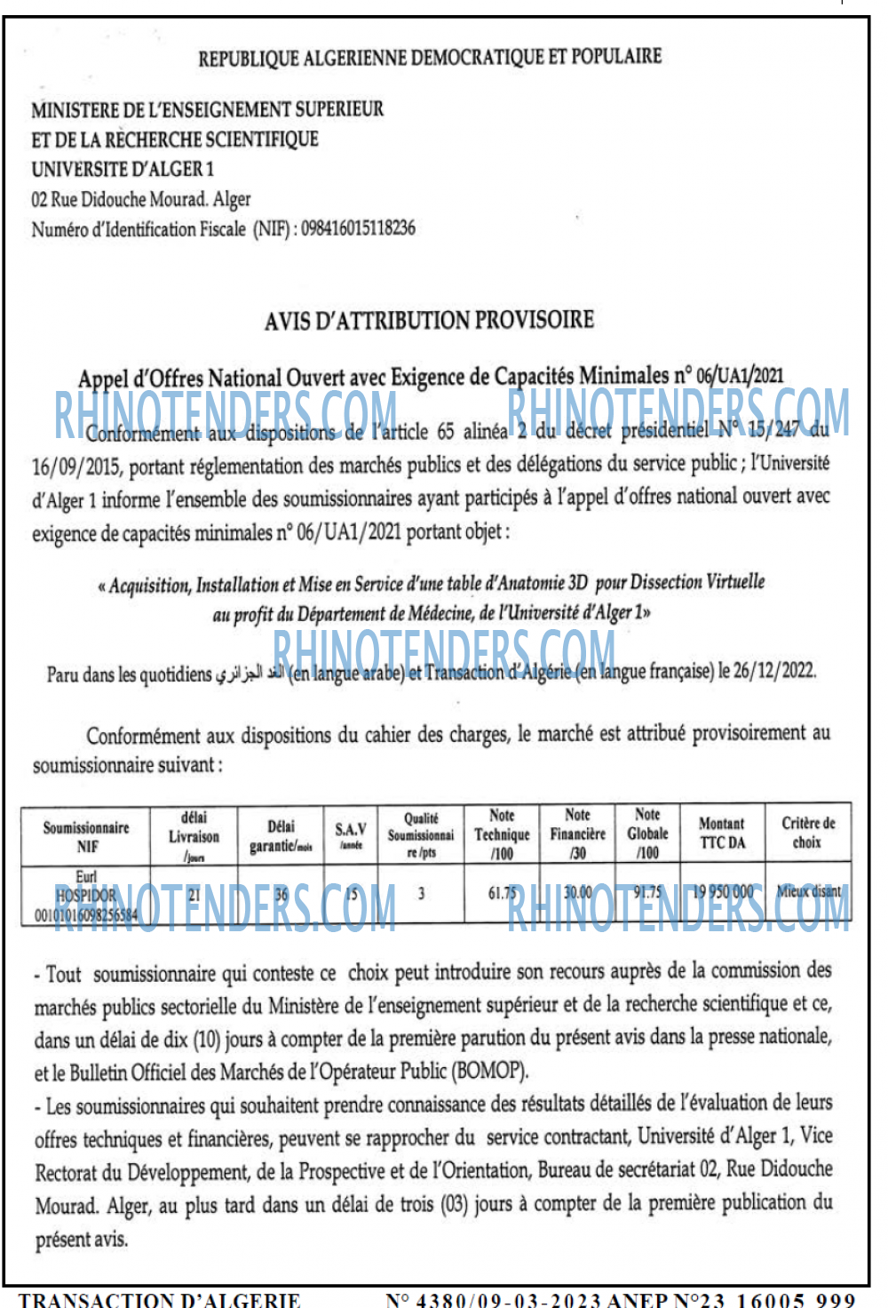 TRANSACTION D'ALGERIE