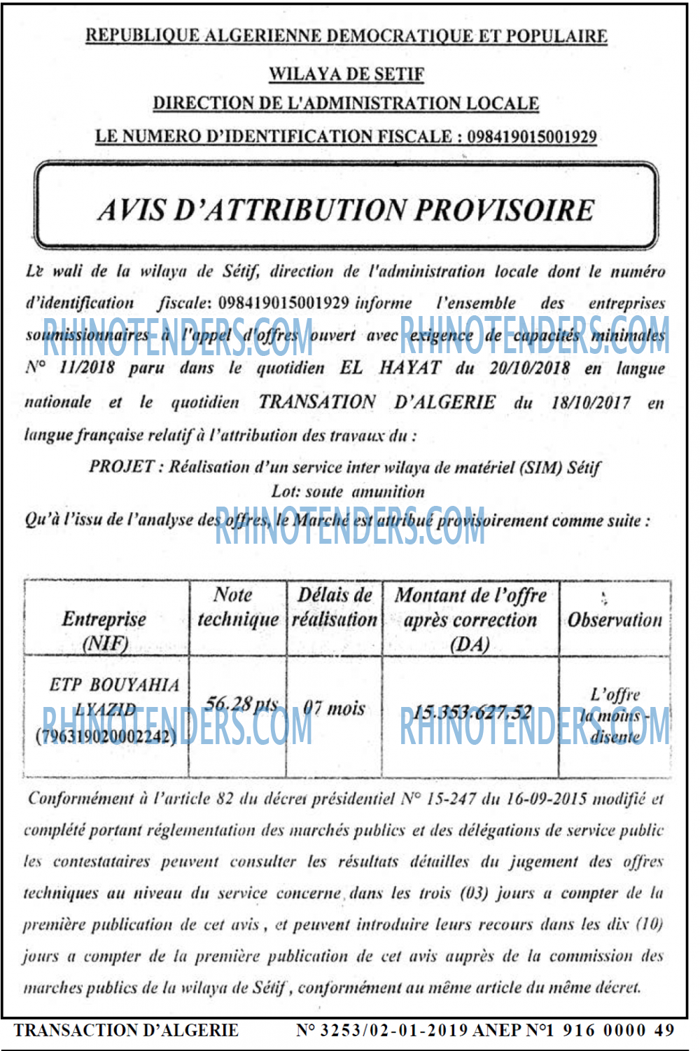 TRANSACTION D'ALGERIE