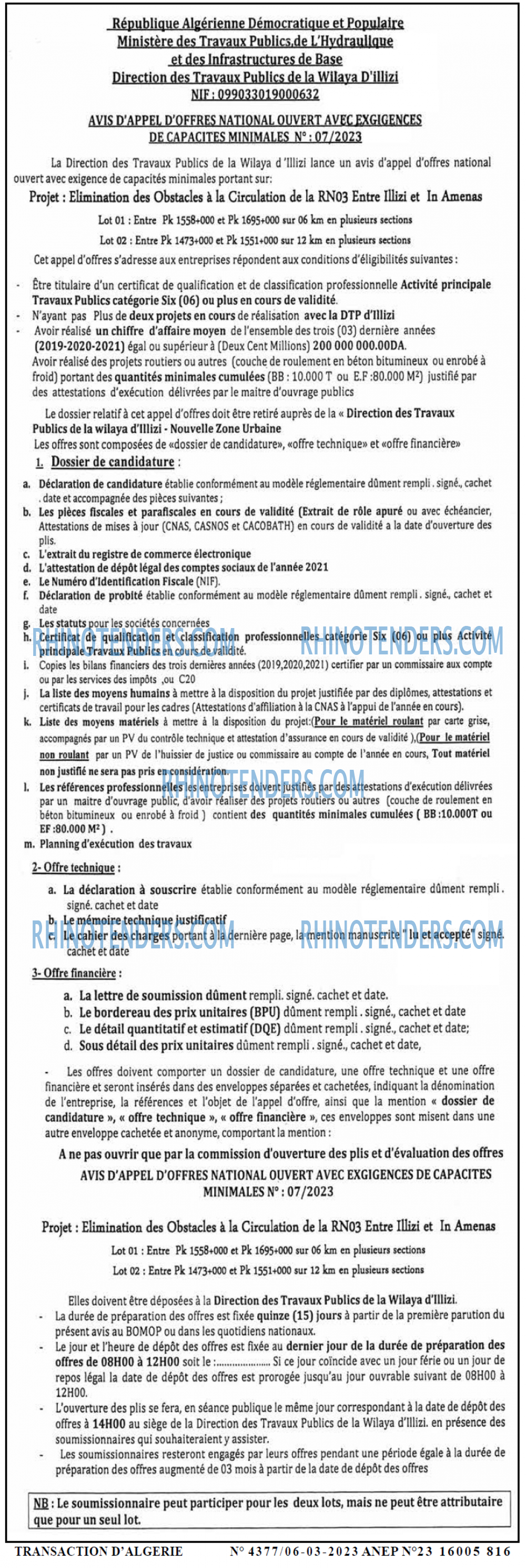TRANSACTION D'ALGERIE