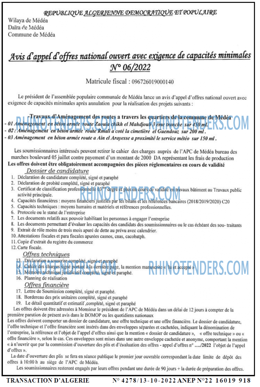 TRANSACTION D'ALGERIE