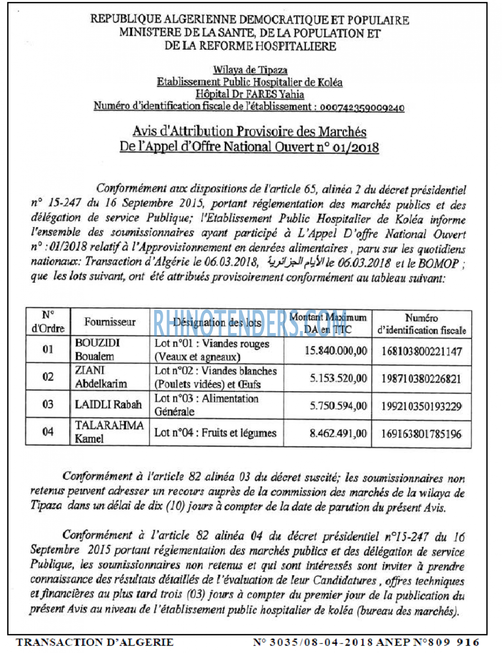 TRANSACTION D'ALGERIE