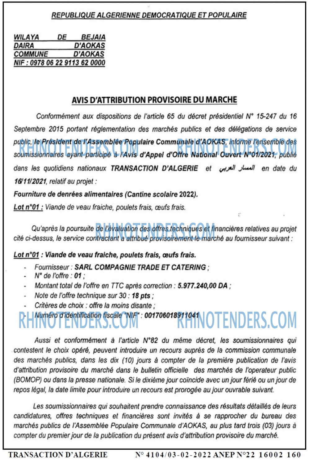TRANSACTION D'ALGERIE