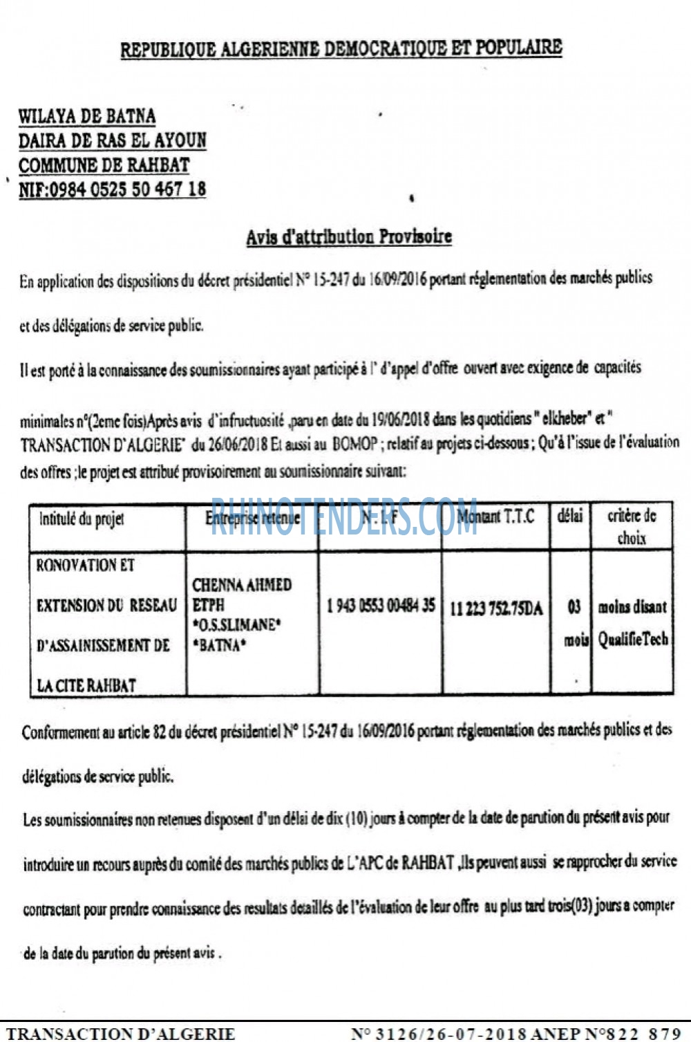 TRANSACTION D'ALGERIE
