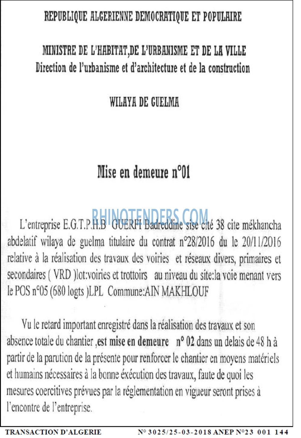 TRANSACTION D'ALGERIE
