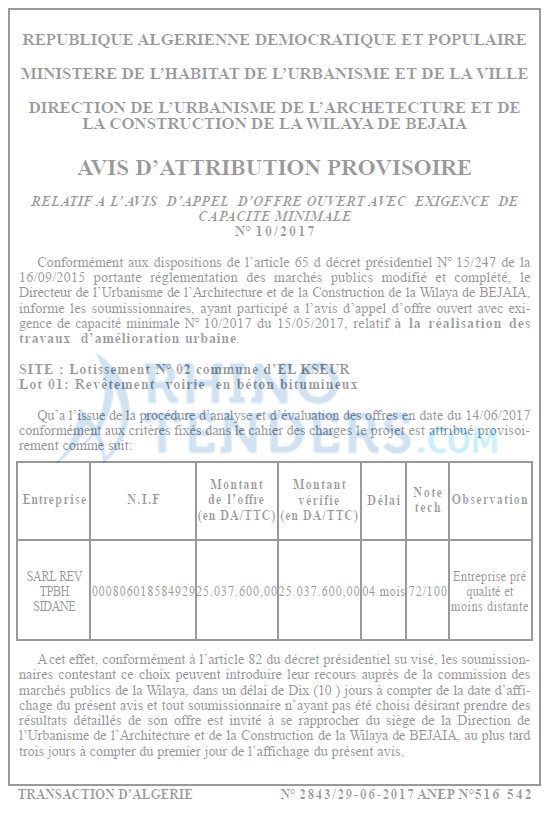 TRANSACTION D'ALGERIE