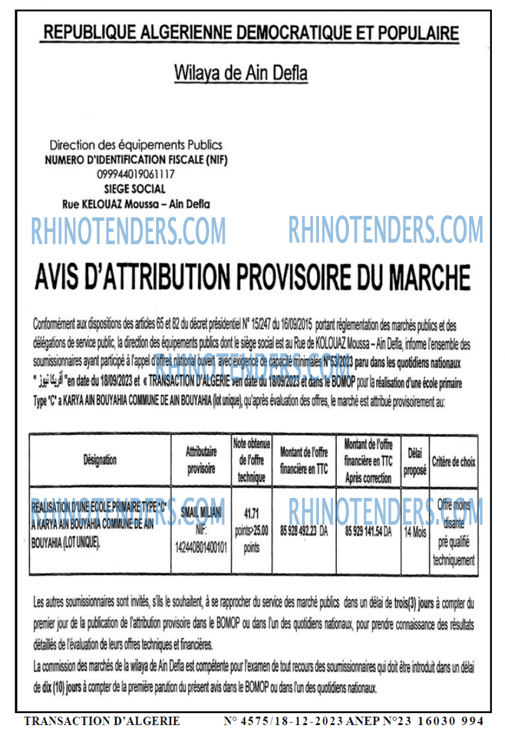 TRANSACTION D'ALGERIE