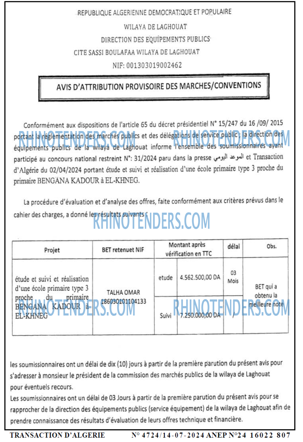 TRANSACTION D'ALGERIE