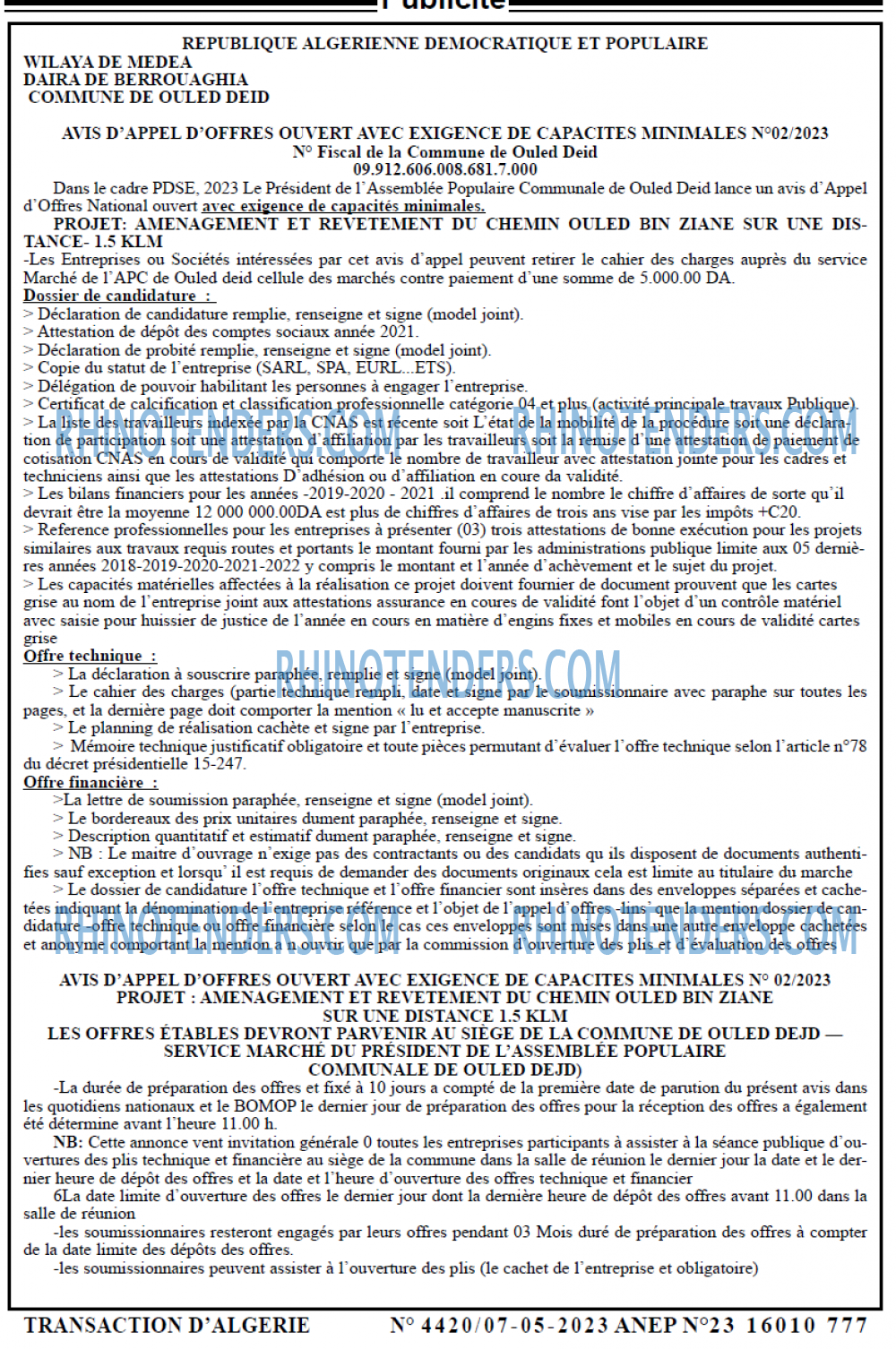 TRANSACTION D'ALGERIE