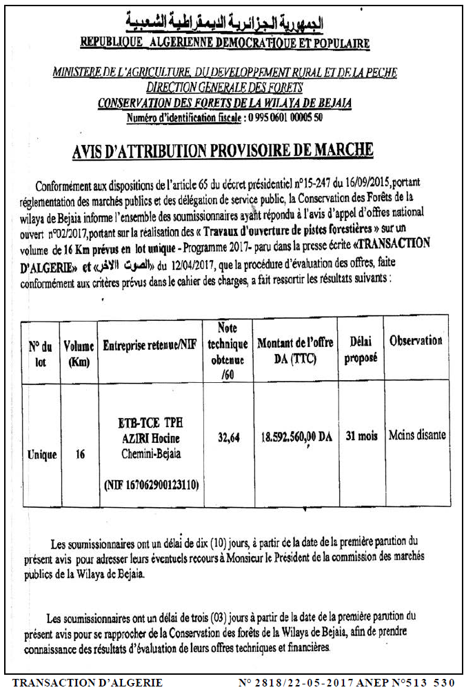 TRANSACTION D'ALGERIE