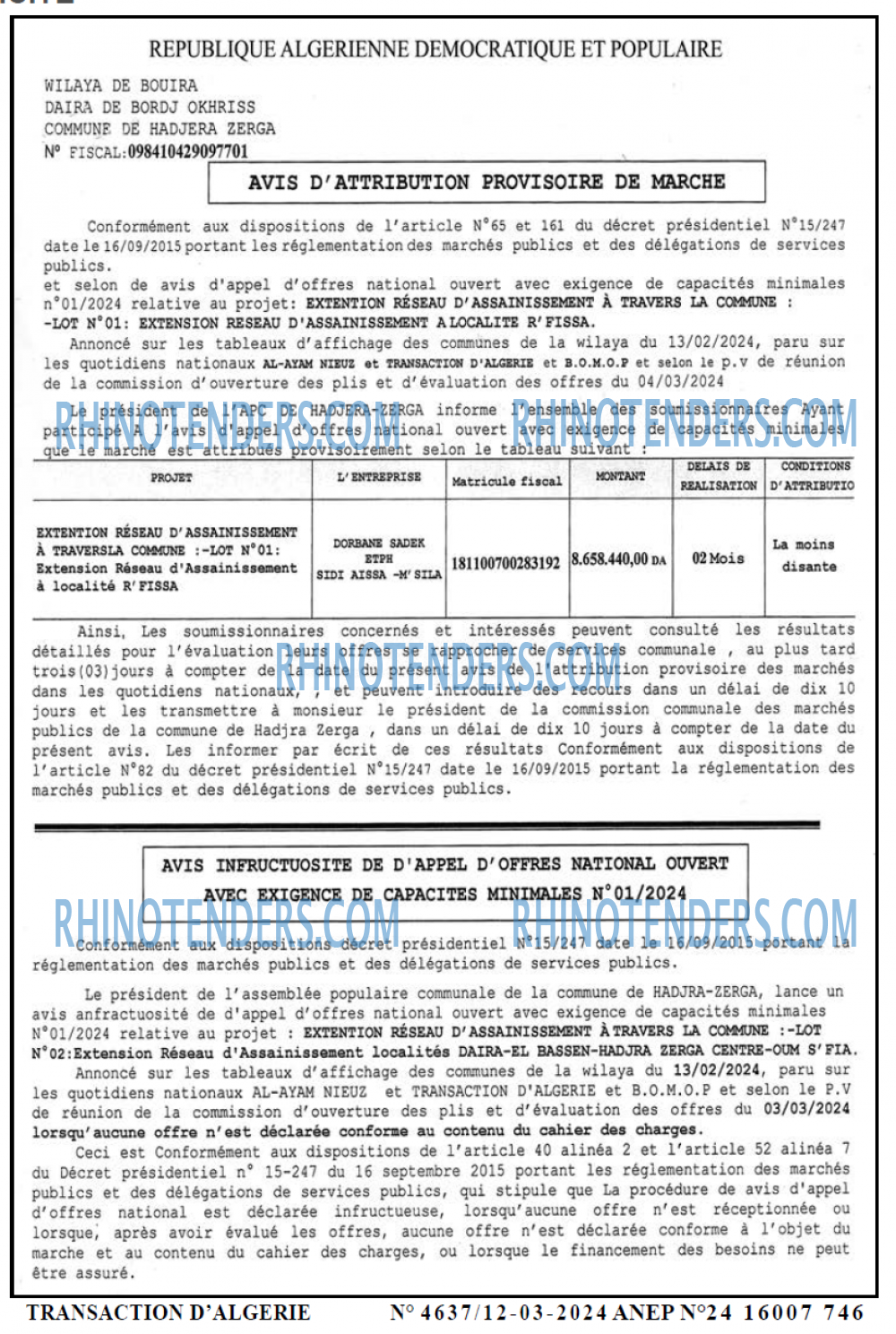 TRANSACTION D'ALGERIE