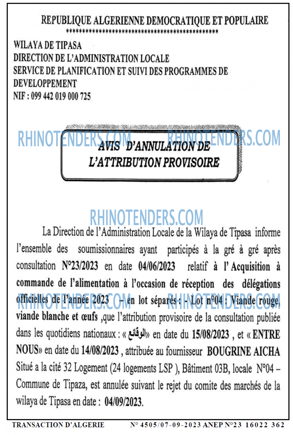 TRANSACTION D'ALGERIE