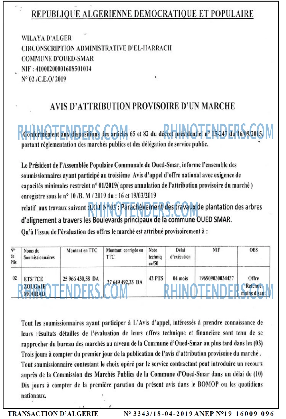 TRANSACTION D'ALGERIE