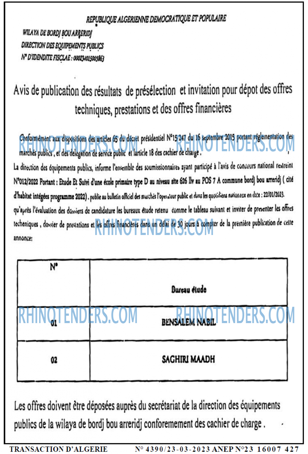 TRANSACTION D'ALGERIE