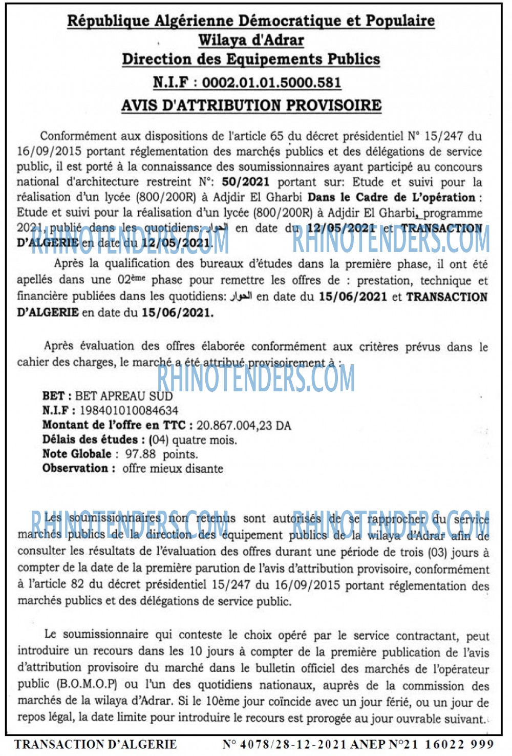 TRANSACTION D'ALGERIE
