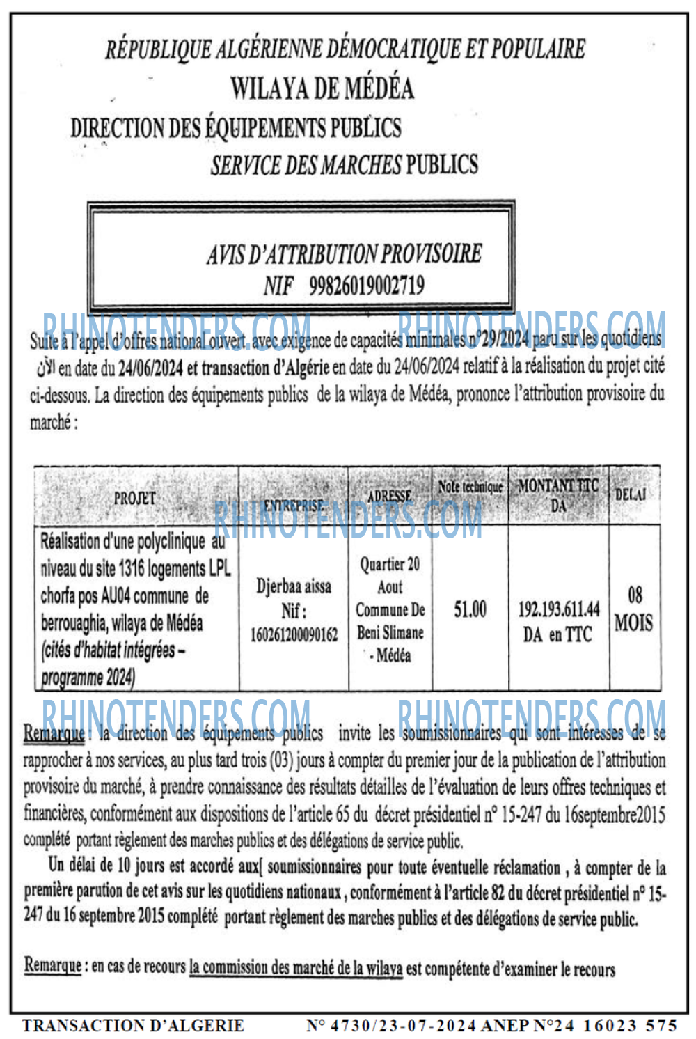 TRANSACTION D'ALGERIE