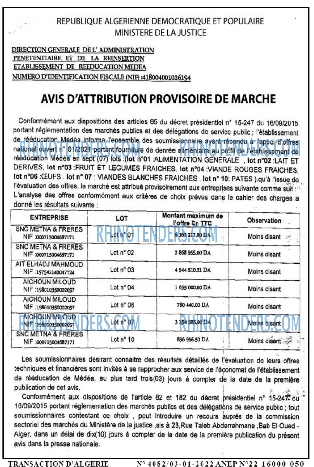 TRANSACTION D'ALGERIE