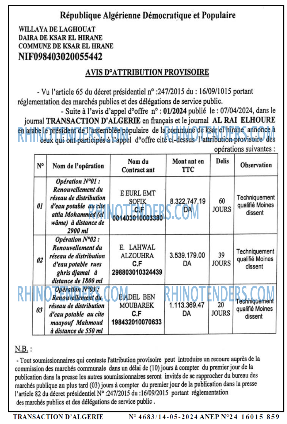 TRANSACTION D'ALGERIE