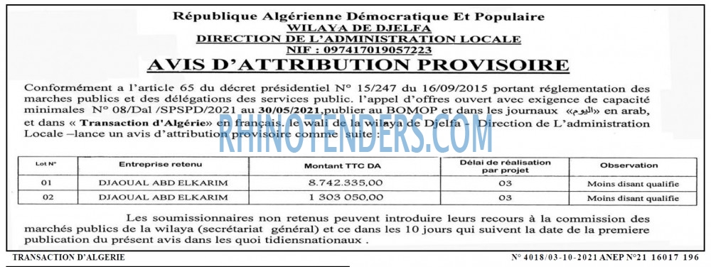 TRANSACTION D'ALGERIE