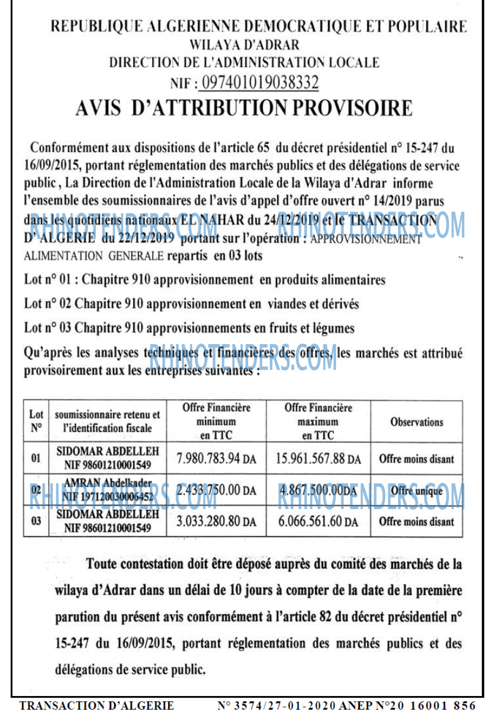 TRANSACTION D'ALGERIE