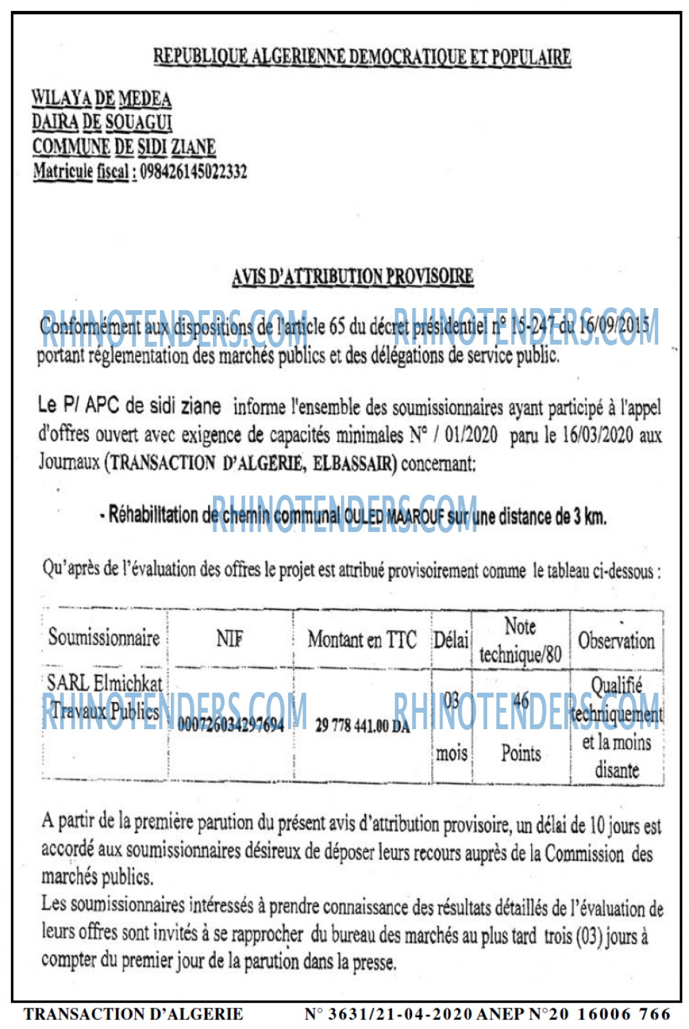 TRANSACTION D'ALGERIE