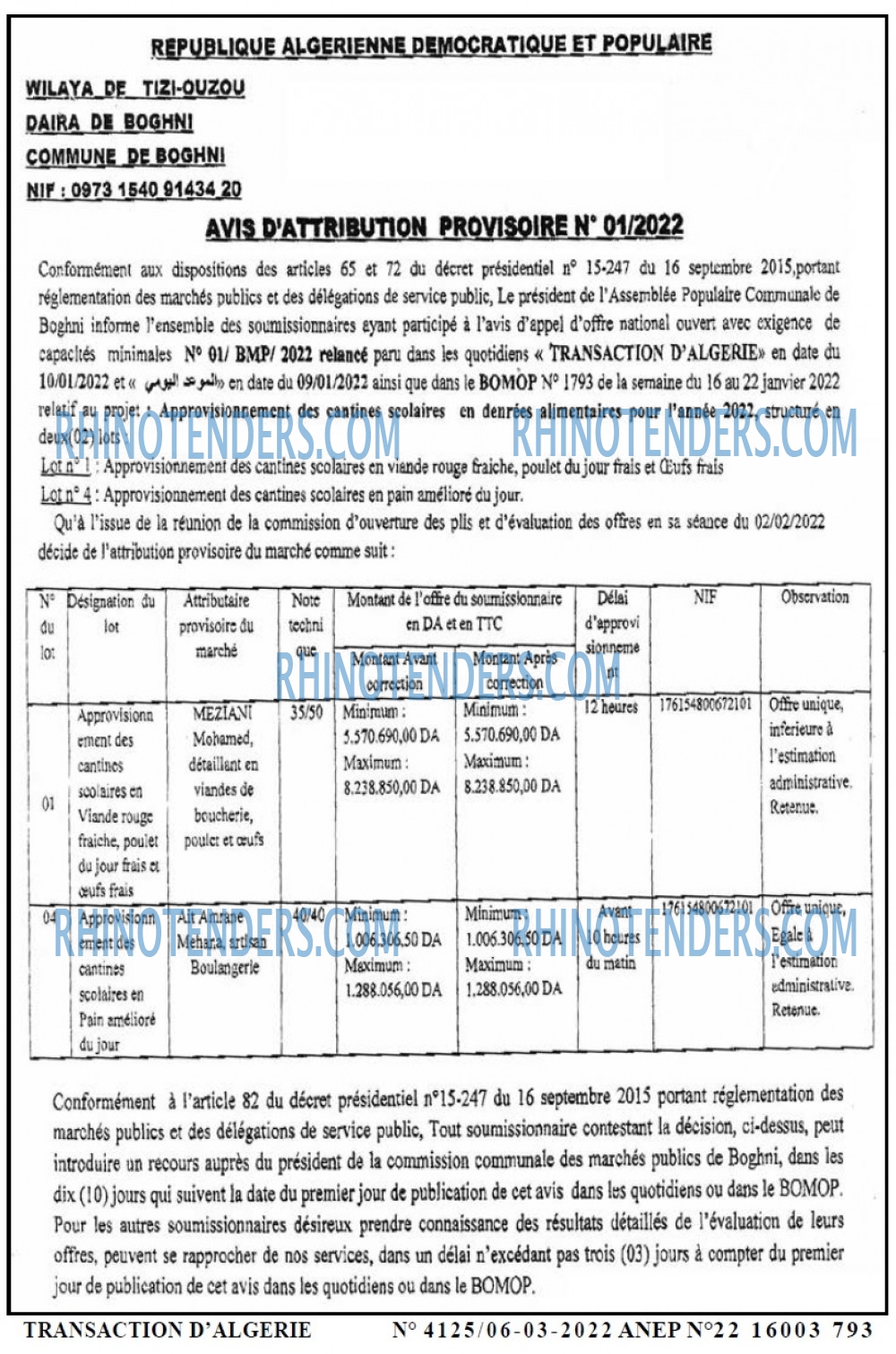 TRANSACTION D'ALGERIE