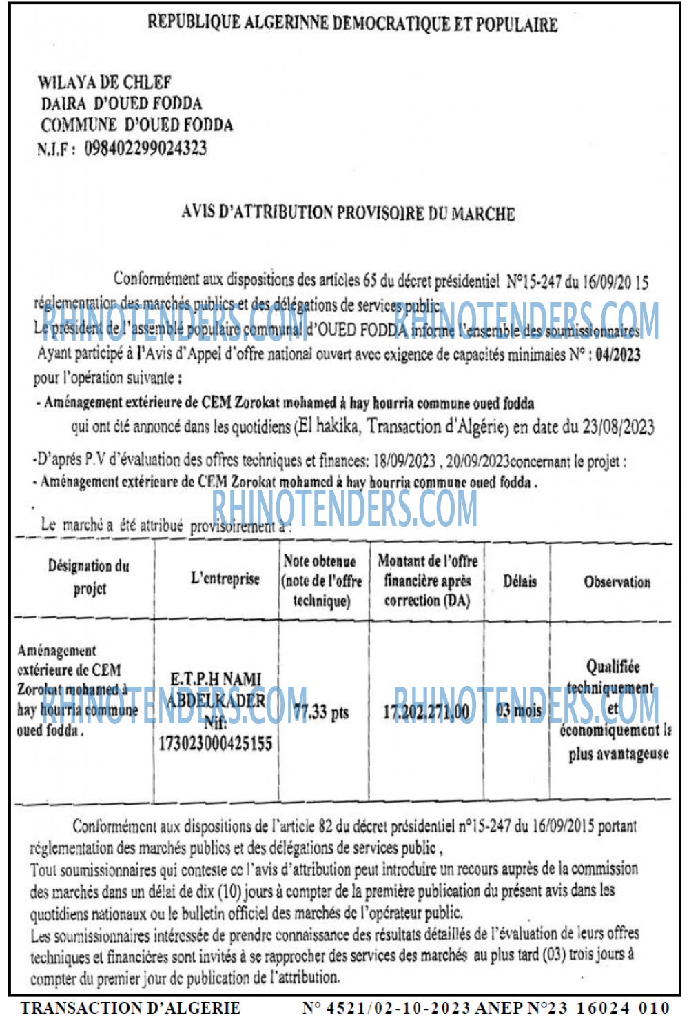 TRANSACTION D'ALGERIE