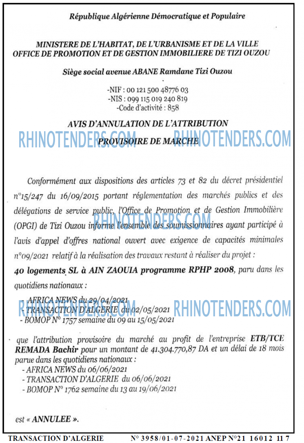 TRANSACTION D'ALGERIE