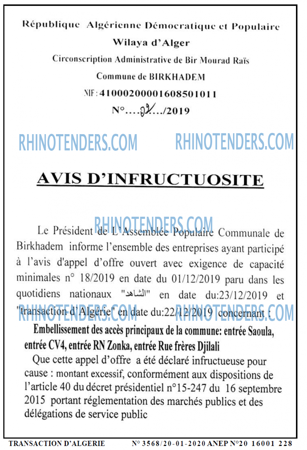 TRANSACTION D'ALGERIE
