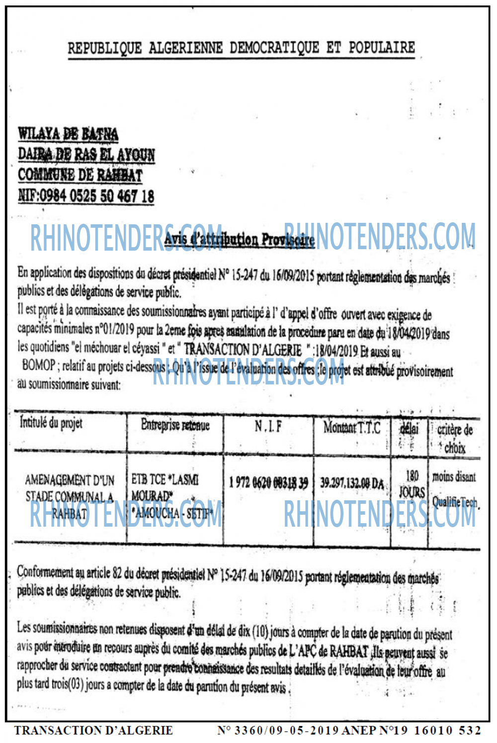 TRANSACTION D'ALGERIE