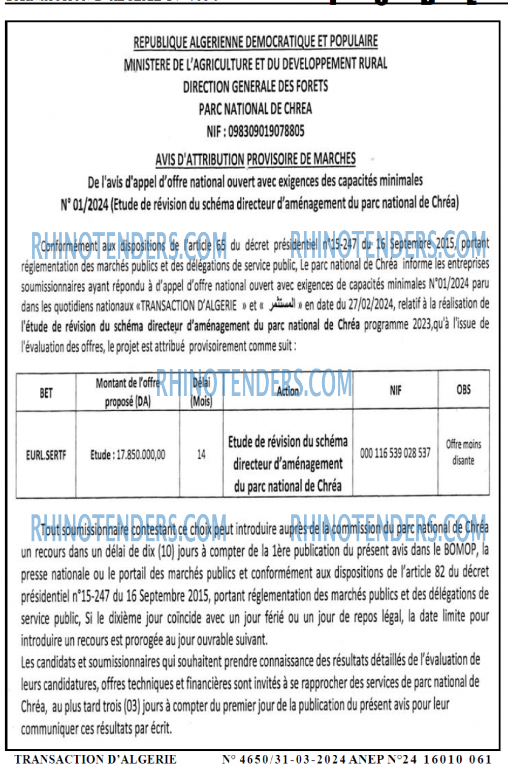 TRANSACTION D'ALGERIE